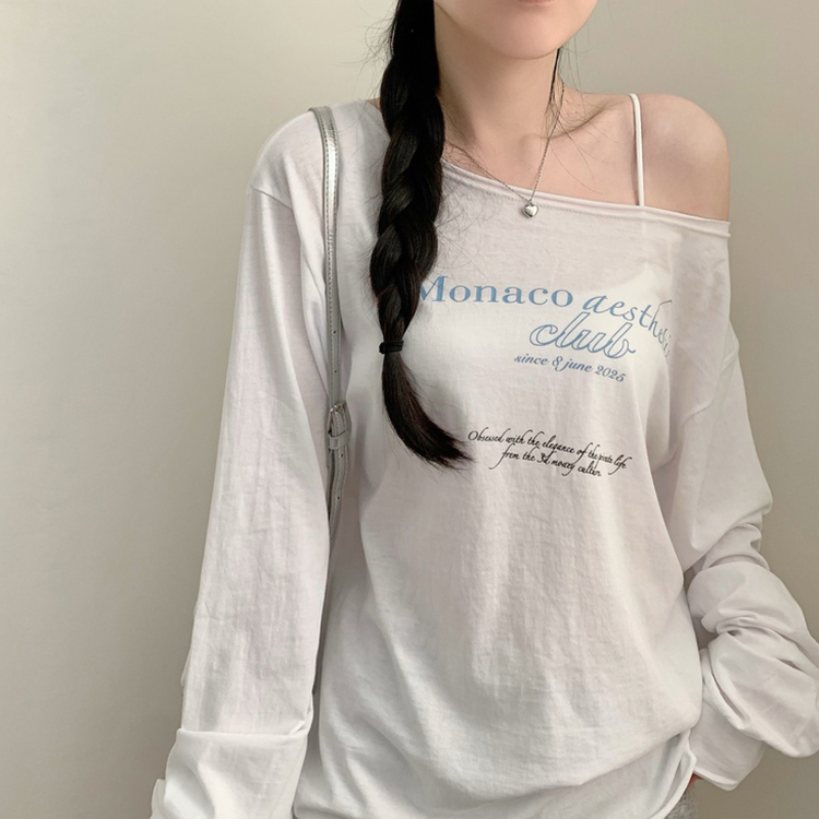 レタリングオフショルダーワンショルダー長袖Tシャツ IVORY
