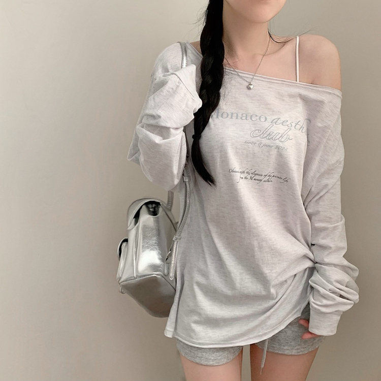レタリングオフショルダーワンショルダー長袖Tシャツ MELANGE WHITE
