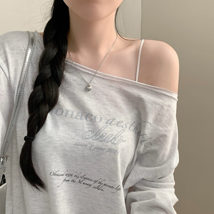レタリングオフショルダーワンショルダー長袖Tシャツ MELANGE WHITE