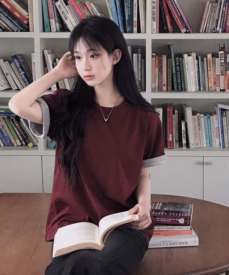 ロールアップ半袖ルーズフィットTシャツ(6color) BURGUNDY