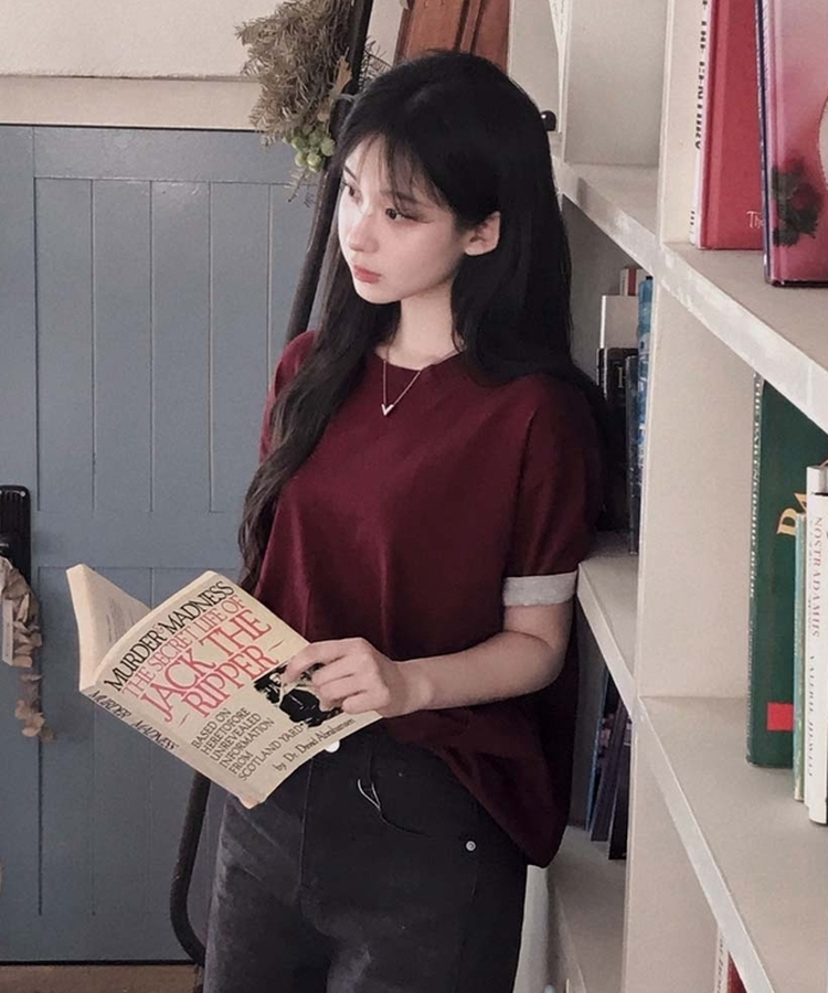ロールアップ半袖ルーズフィットTシャツ(6color) BURGUNDY