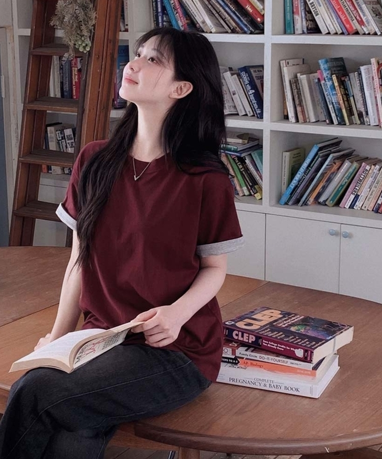 ロールアップ半袖ルーズフィットTシャツ(6color) BURGUNDY