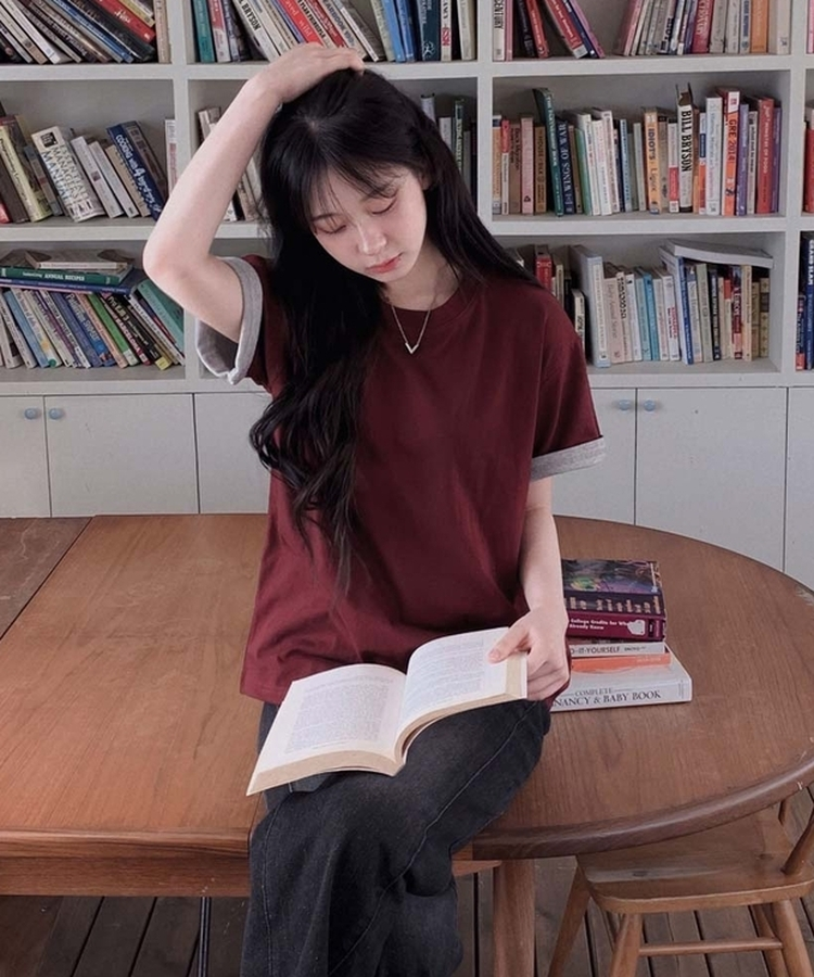 ロールアップ半袖ルーズフィットTシャツ(6color) BURGUNDY