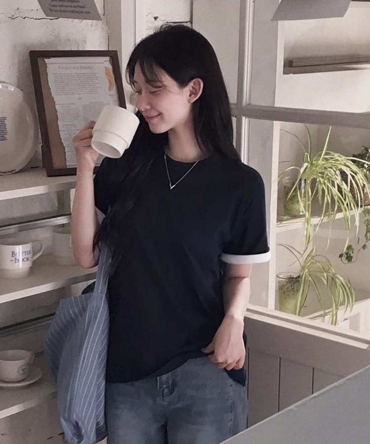 ロールアップ半袖ルーズフィットTシャツ(6color) NAVY