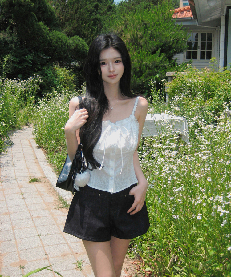 正規品 シャネル 夏服 リボン ノースリーブ  カットソー  キャミ ボーダー リボンボタンサマースリムキャミソール｜ノースリーブ｜韓国