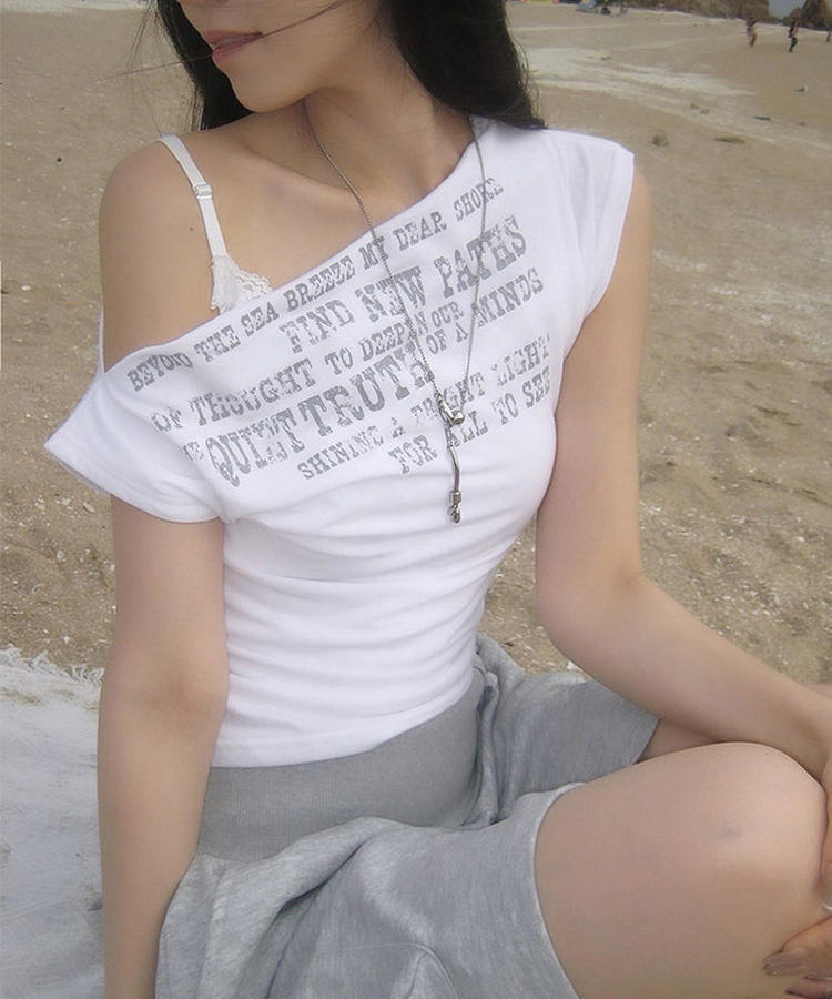 レタリングオフショルダーシャーリング半袖Tシャツ WHITE