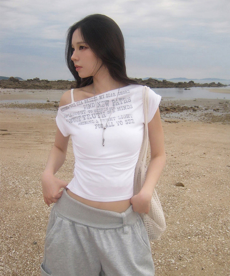 レタリングオフショルダーシャーリング半袖Tシャツ WHITE