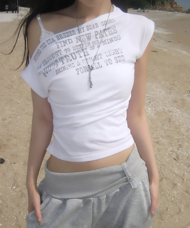 レタリングオフショルダーシャーリング半袖Tシャツ WHITE