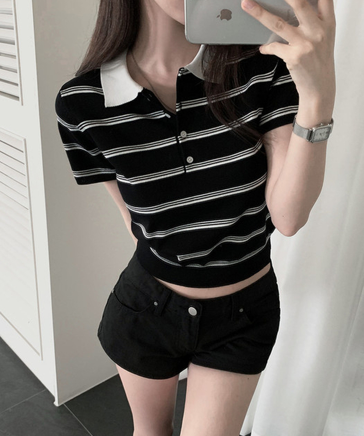 モノトーンストライプカラー半袖ニット BLACK