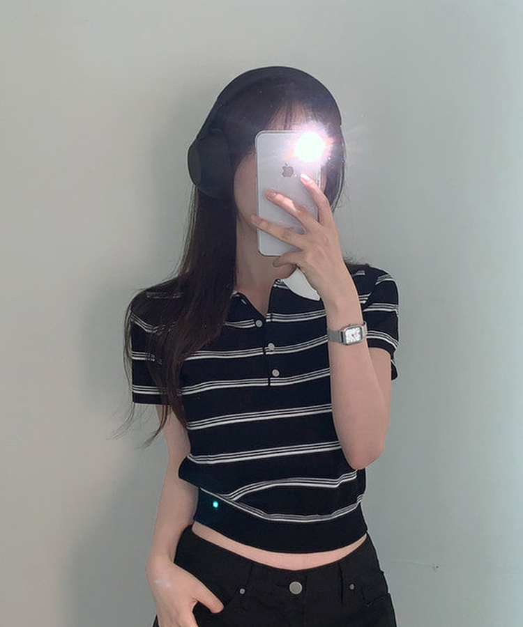 モノトーンストライプカラー半袖ニット BLACK