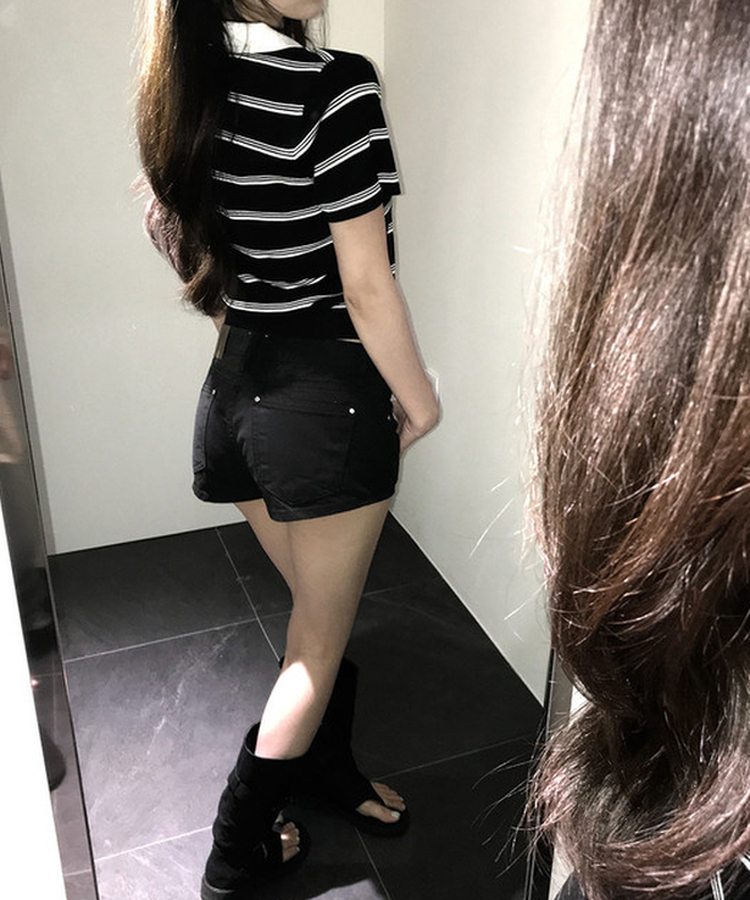 モノトーンストライプカラー半袖ニット BLACK