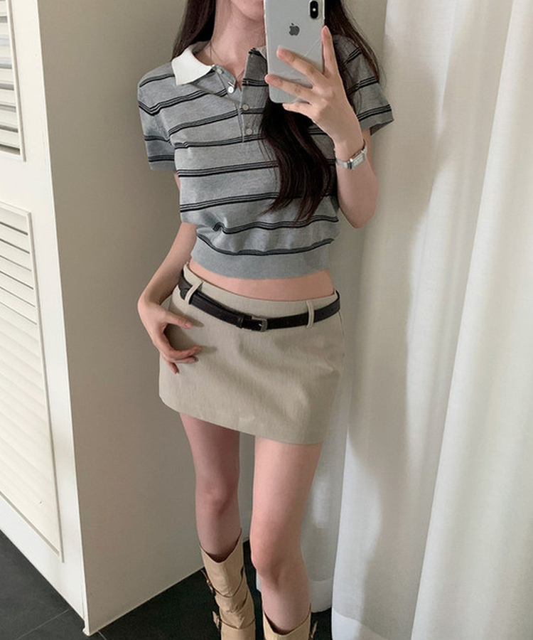 モノトーンストライプカラー半袖ニット GREY
