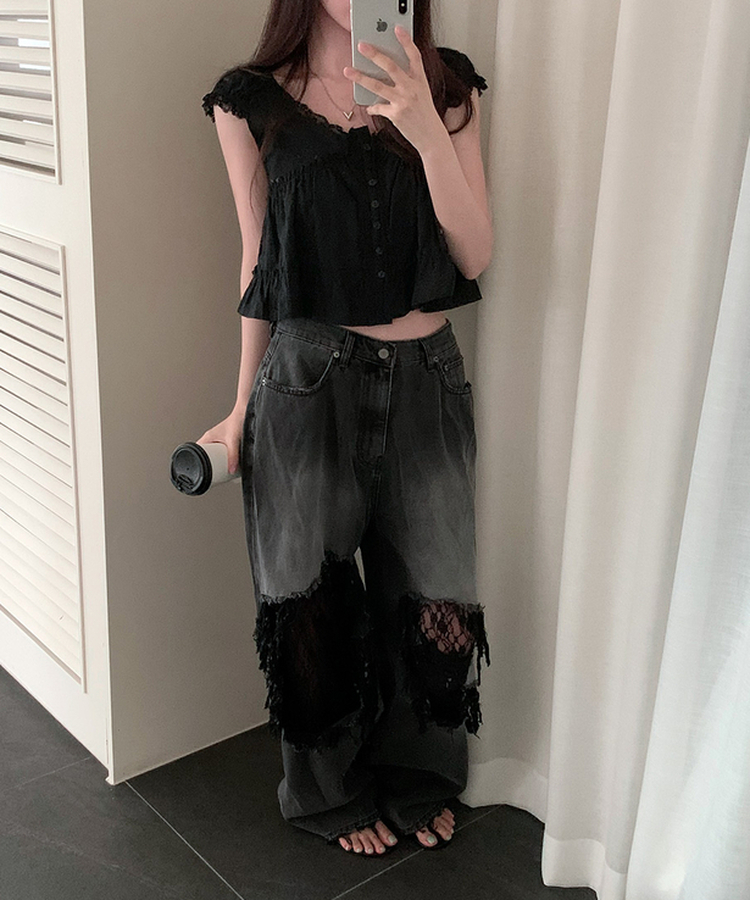 レースフリルブラウス BLACK