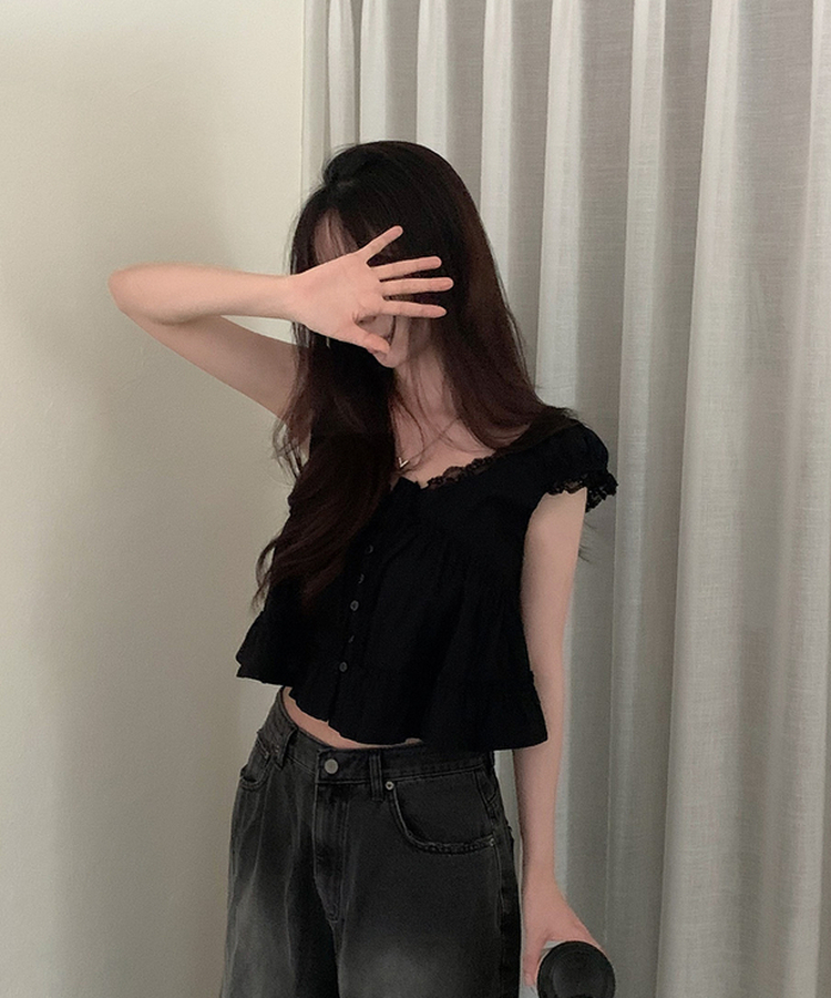 レースフリルブラウス BLACK