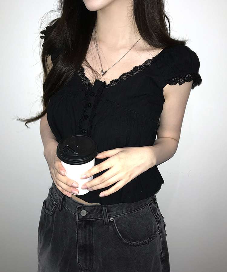 レースフリルブラウス BLACK