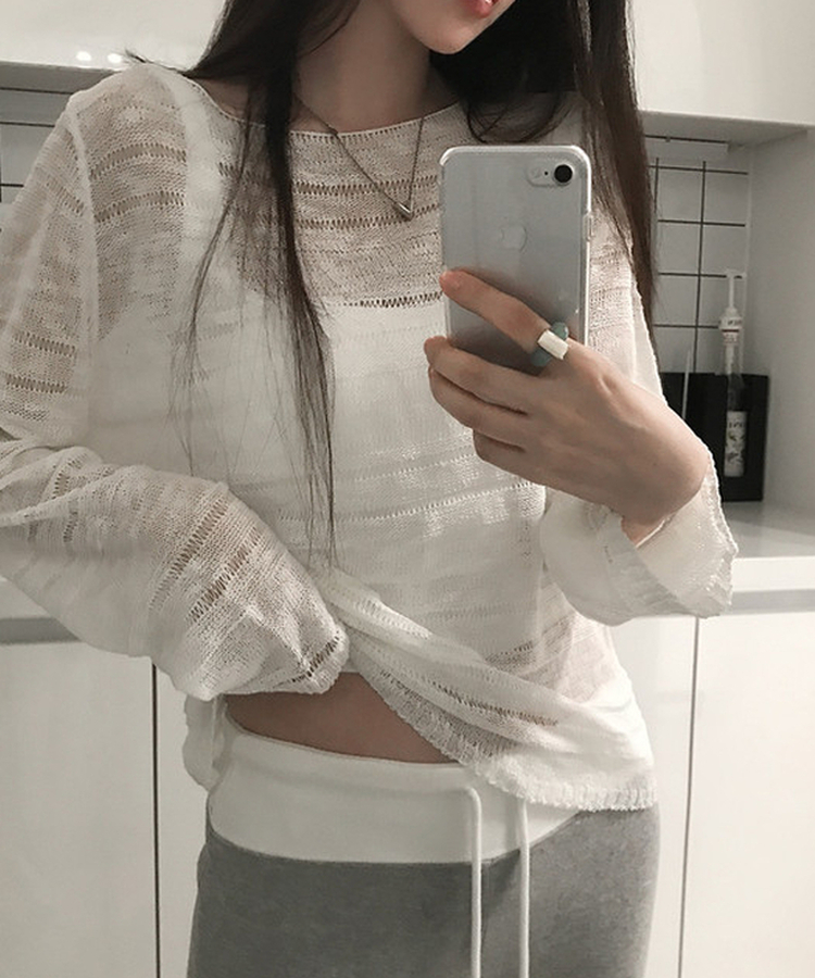 シアーボートネック長袖ニット(5color) WHITE
