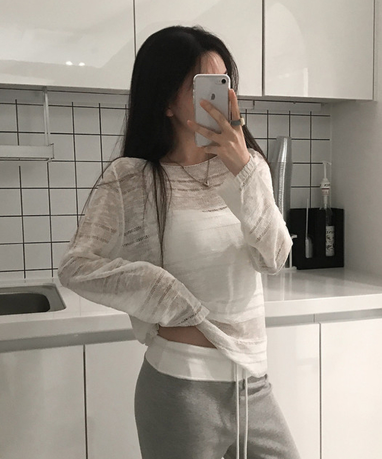 シアーボートネック長袖ニット(5color) WHITE