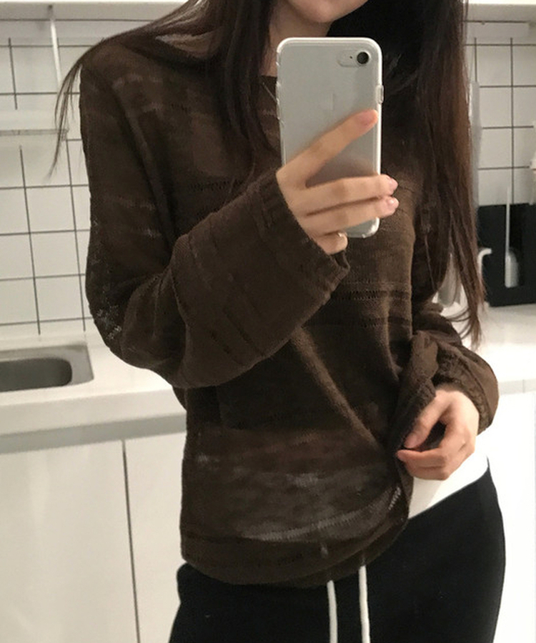 シアーボートネック長袖ニット(5color) BROWN