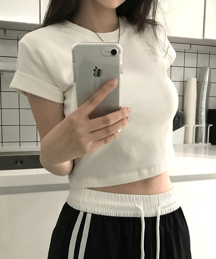 ロールアップクロップド半袖Tシャツ(8color) IVORY