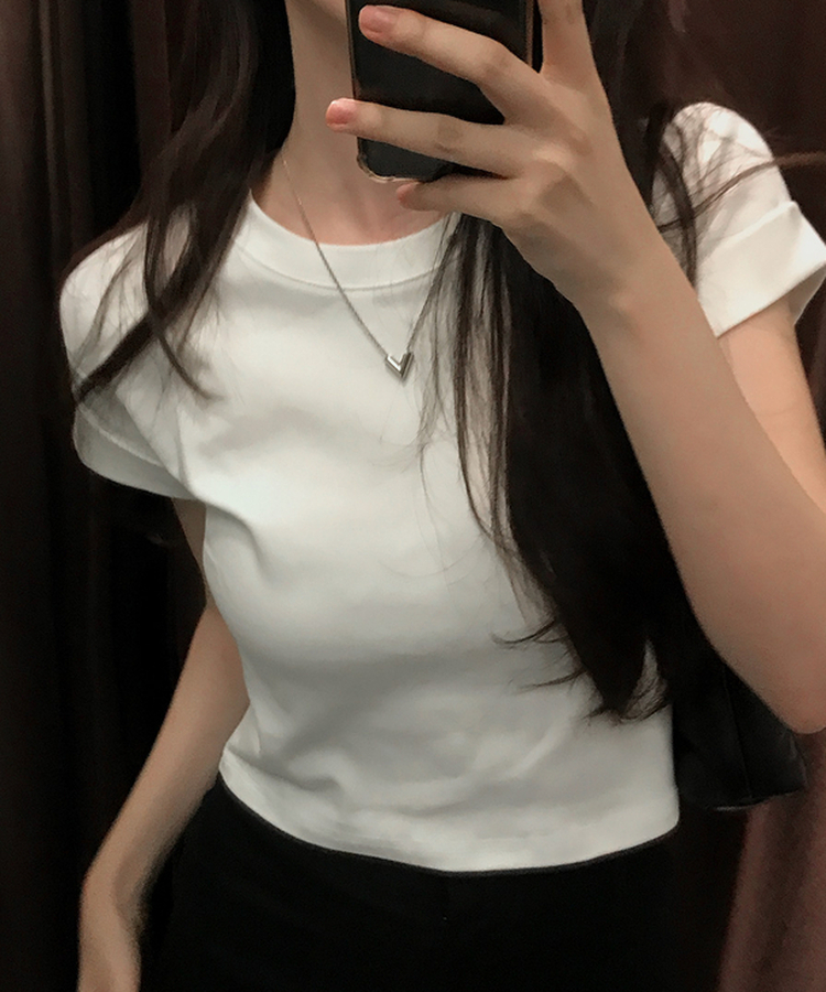 ロールアップクロップド半袖Tシャツ(8color) IVORY