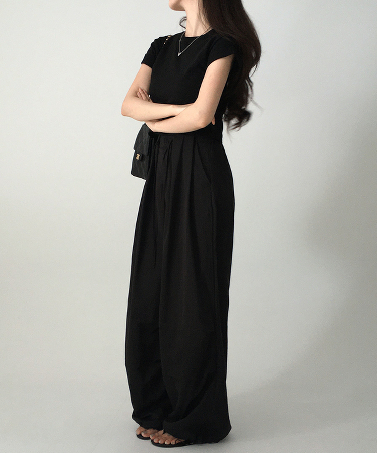 ロールアップクロップド半袖Tシャツ(8color) BLACK