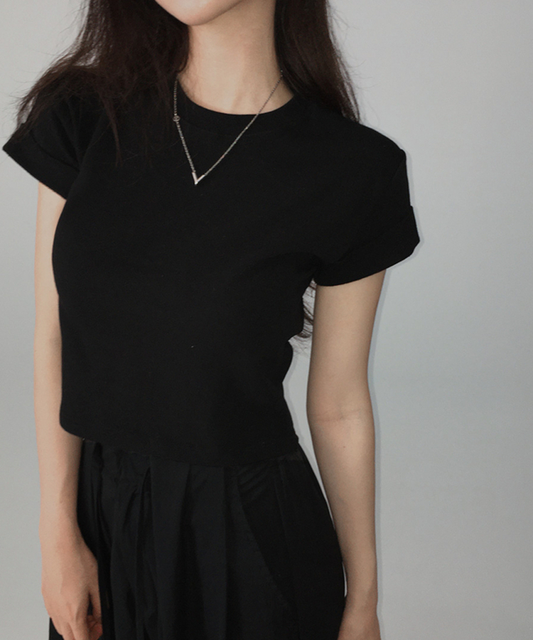 ロールアップクロップド半袖Tシャツ(8color) BLACK