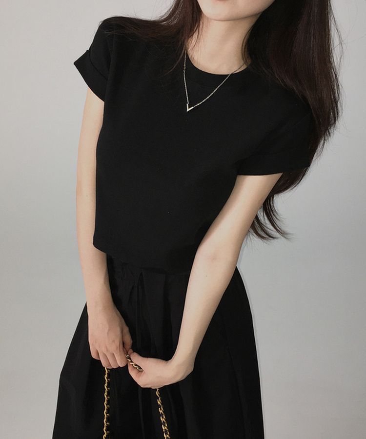ロールアップクロップド半袖Tシャツ(8color) BLACK