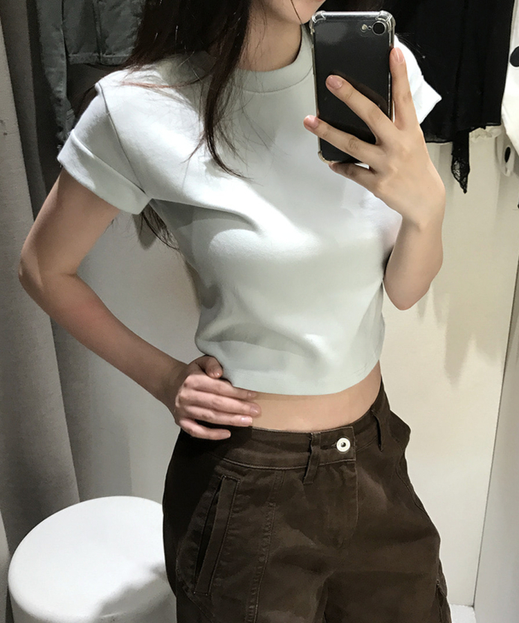 ロールアップクロップド半袖Tシャツ(8color) MINT
