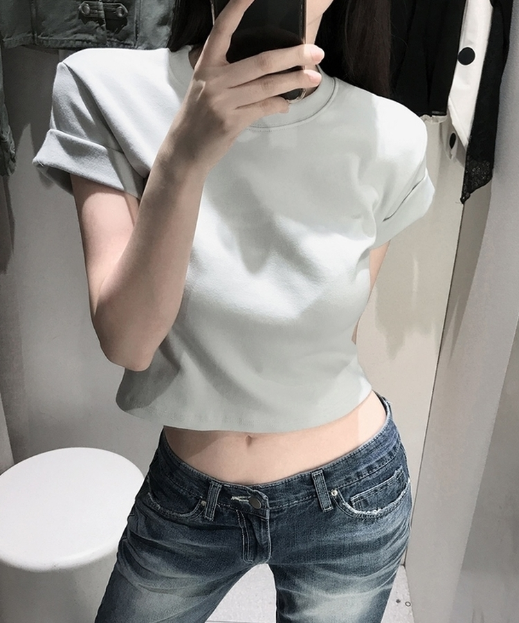ロールアップクロップド半袖Tシャツ(8color) MINT
