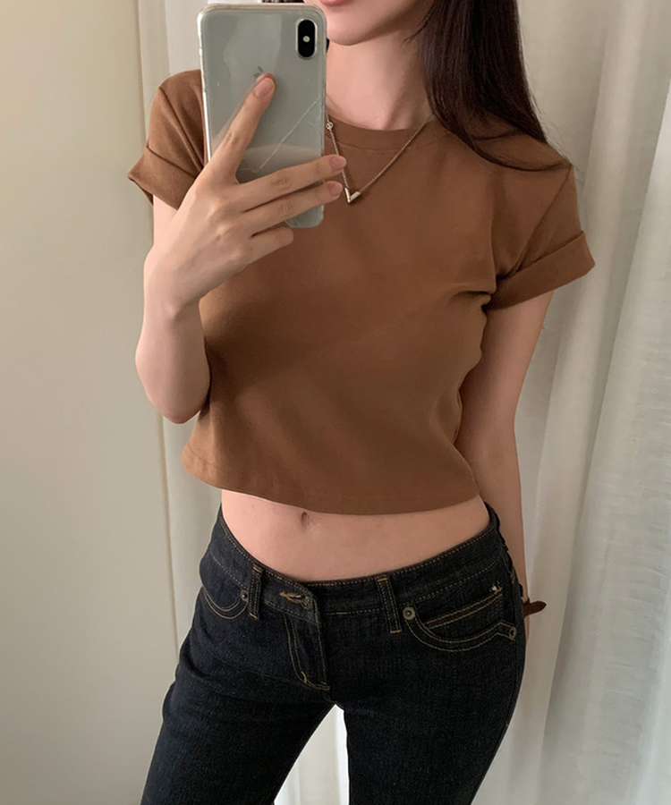 ロールアップクロップド半袖Tシャツ(8color) CAMEL