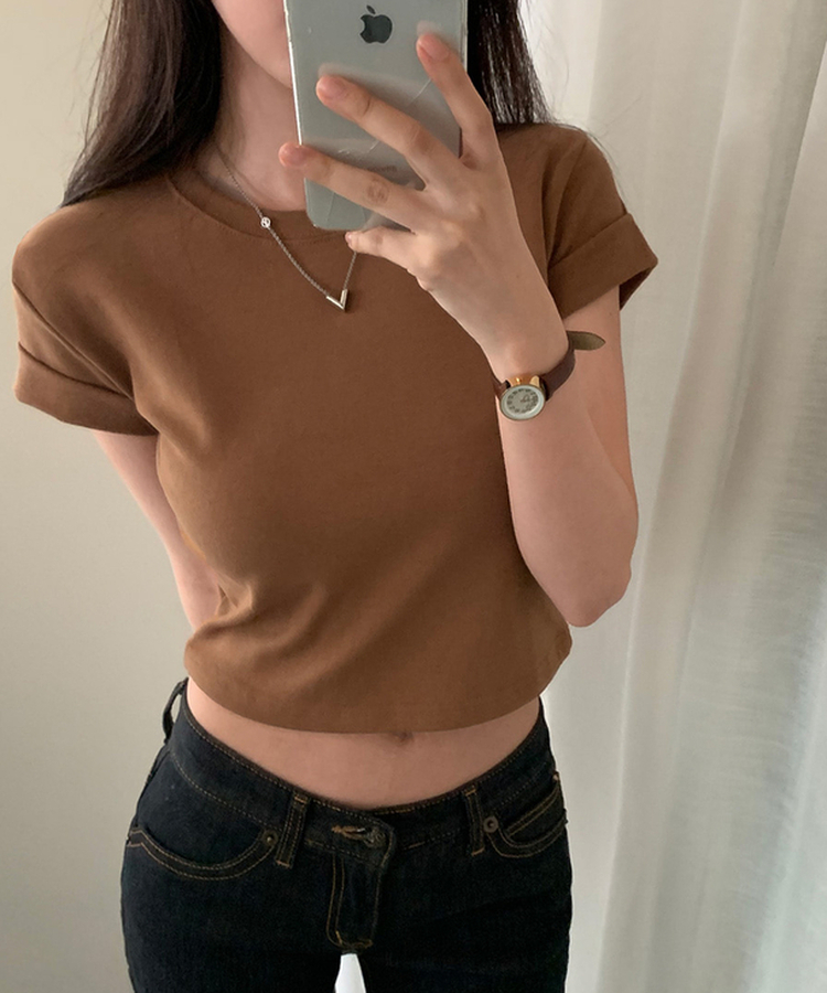 ロールアップクロップド半袖Tシャツ(8color) CAMEL