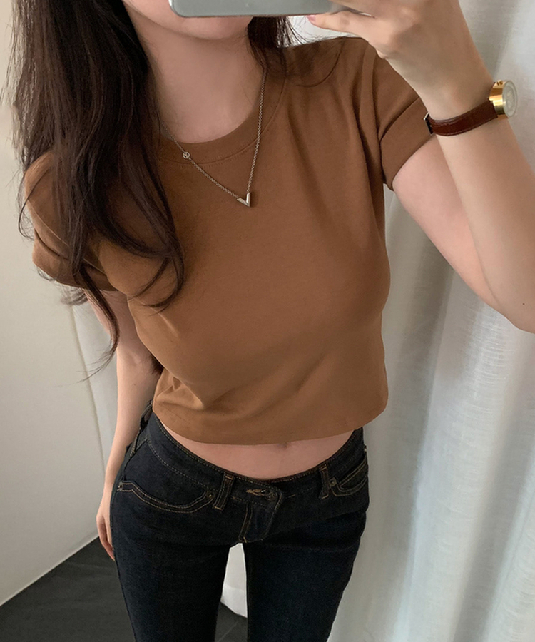 ロールアップクロップド半袖Tシャツ(8color) CAMEL