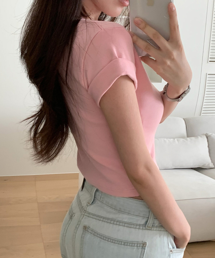 ロールアップクロップド半袖Tシャツ(8color) PINK