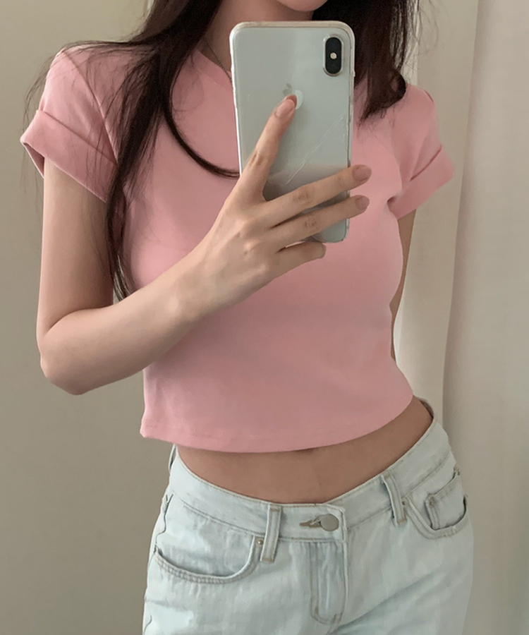 ロールアップクロップド半袖Tシャツ(8color) PINK
