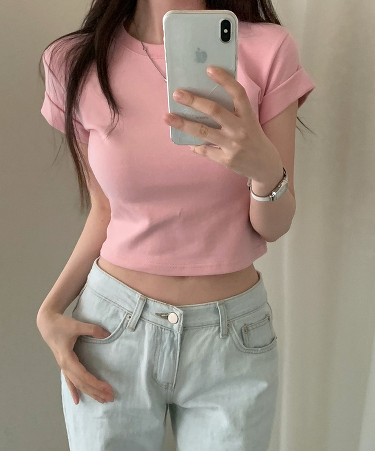 ロールアップクロップド半袖Tシャツ(8color) PINK