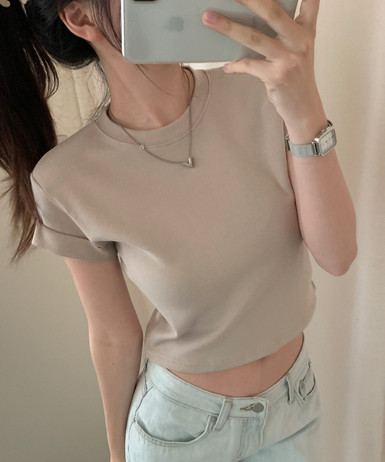 ロールアップクロップド半袖Tシャツ(8color) BEIGE