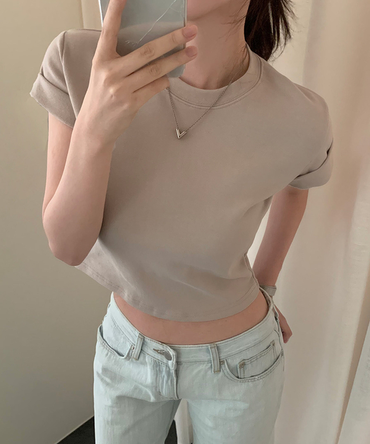ロールアップクロップド半袖Tシャツ(8color) BEIGE