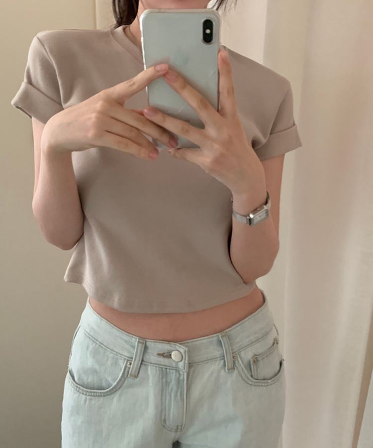 ロールアップクロップド半袖Tシャツ(8color) BEIGE