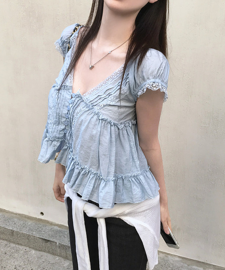レースティアード半袖ブラウス SKY BLUE