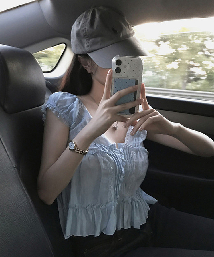 レースティアード半袖ブラウス SKY BLUE