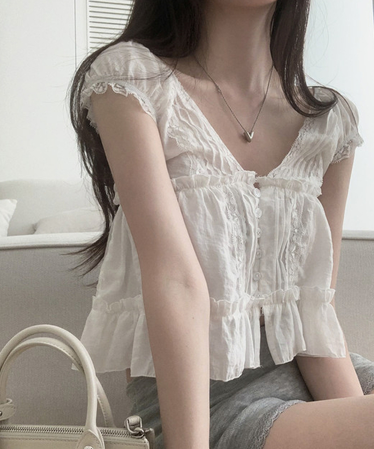 レースティアード半袖ブラウス IVORY