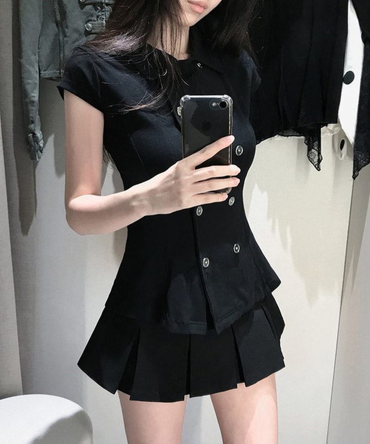 スリムフィットカラーネック半袖ブラウス BLACK