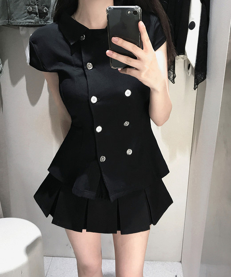 スリムフィットカラーネック半袖ブラウス BLACK