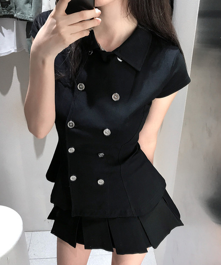スリムフィットカラーネック半袖ブラウス BLACK