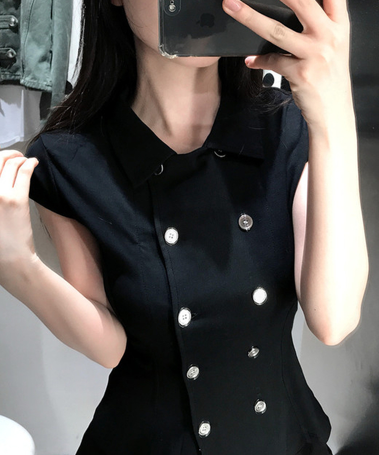 スリムフィットカラーネック半袖ブラウス BLACK