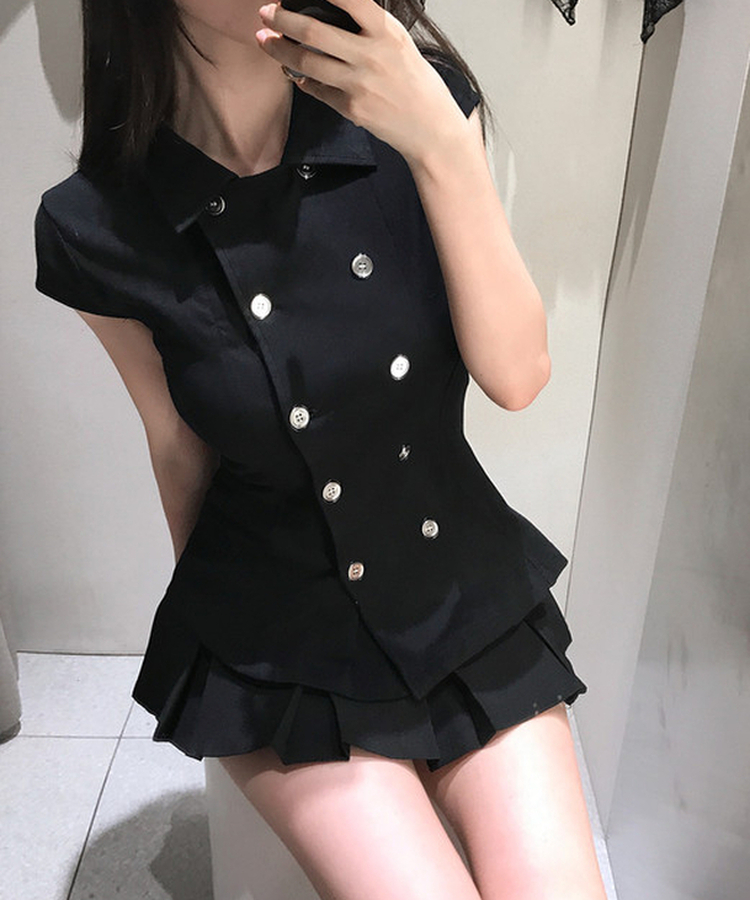 スリムフィットカラーネック半袖ブラウス BLACK