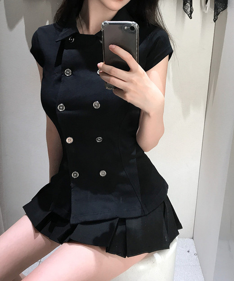 スリムフィットカラーネック半袖ブラウス BLACK