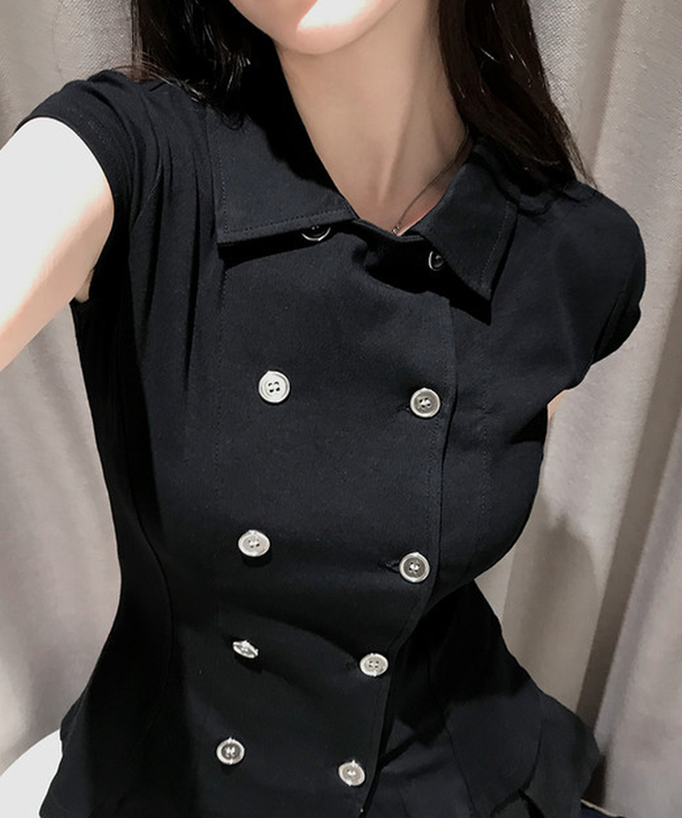 スリムフィットカラーネック半袖ブラウス BLACK