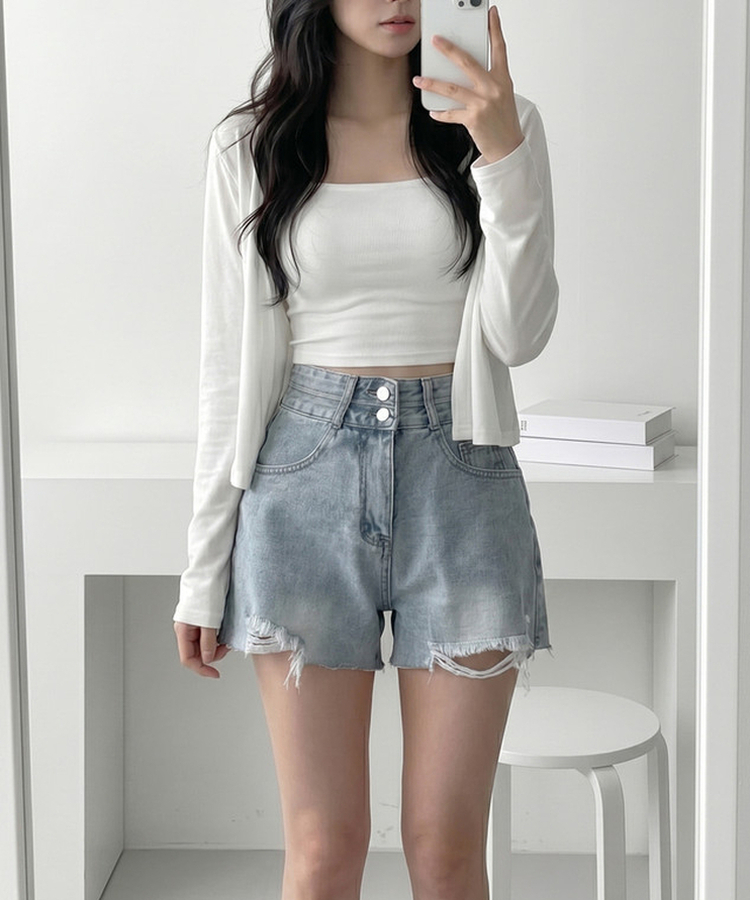 Aラインダメージデニムショートパンツ LIGHT DENIM