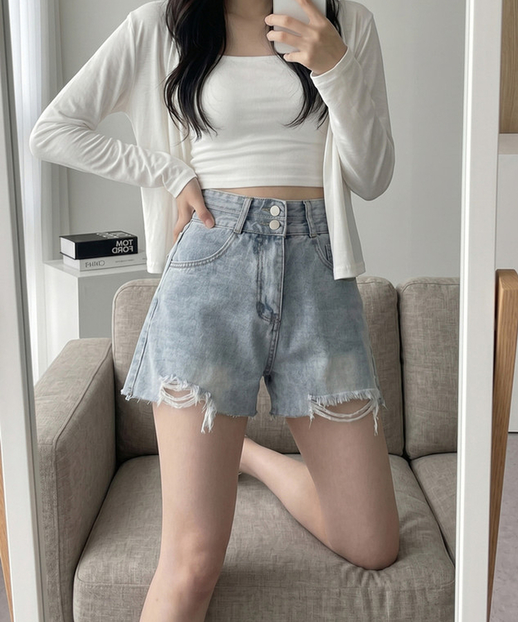 Aラインダメージデニムショートパンツ LIGHT DENIM